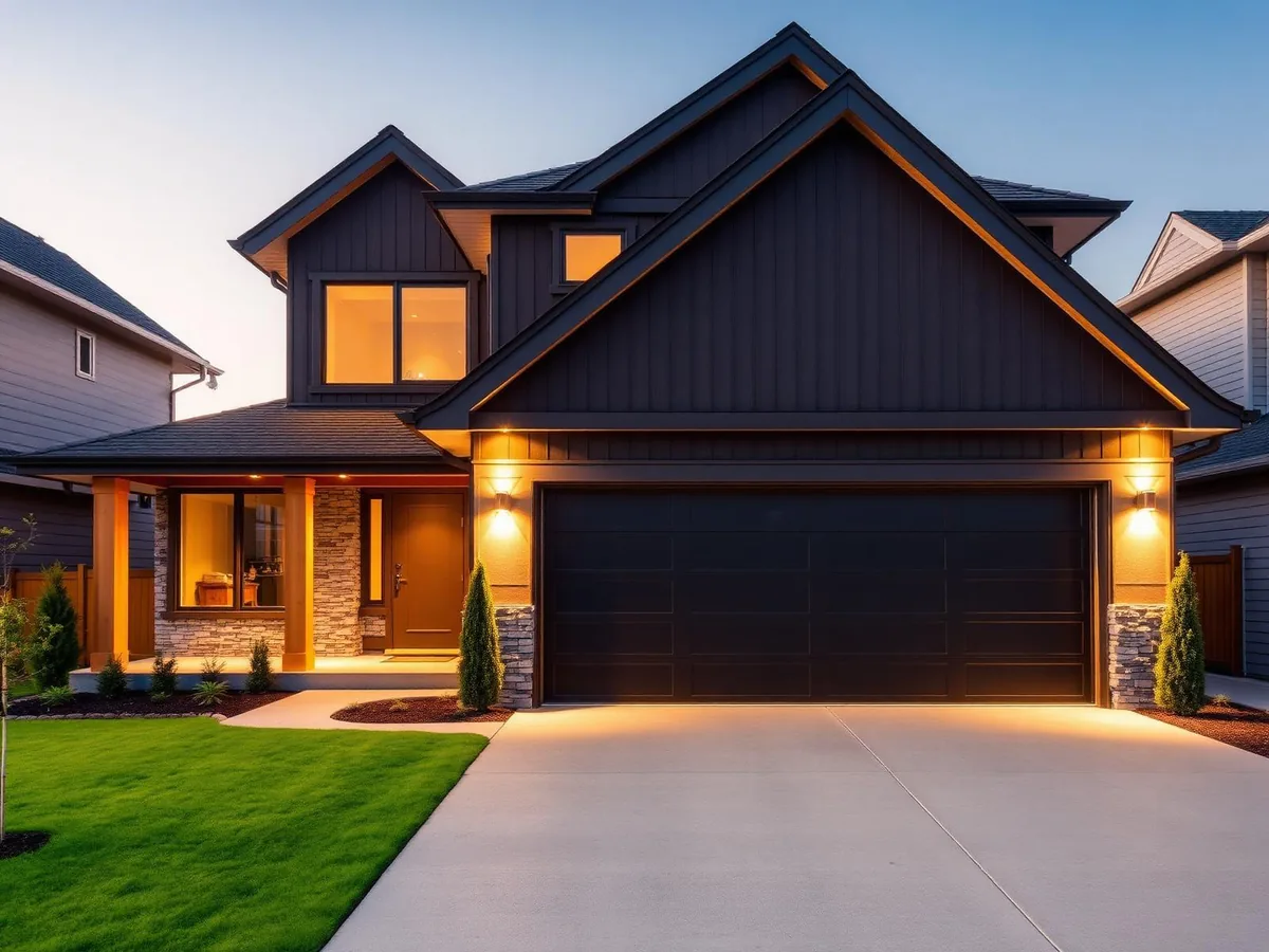 Residential home in Langley, BC with a dark insulated sectional garage door at dusk