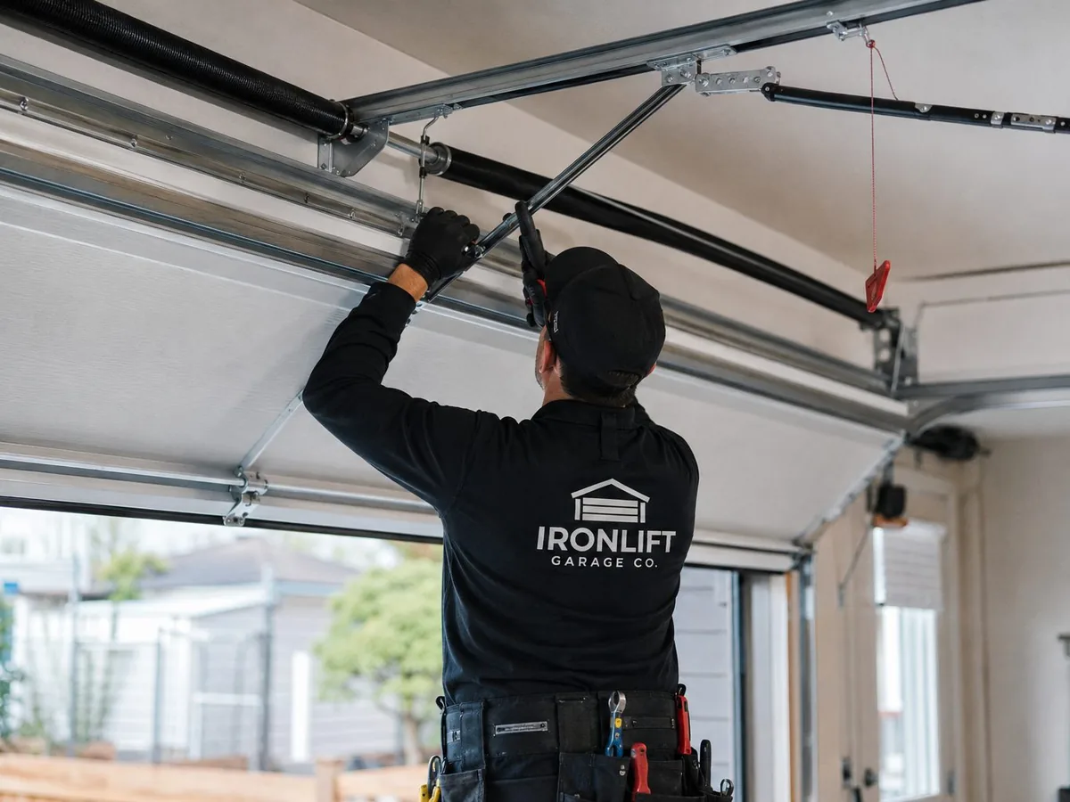 IronLift garage door technician in branded uniform repairing an overhead sectional door track and torsion assembly